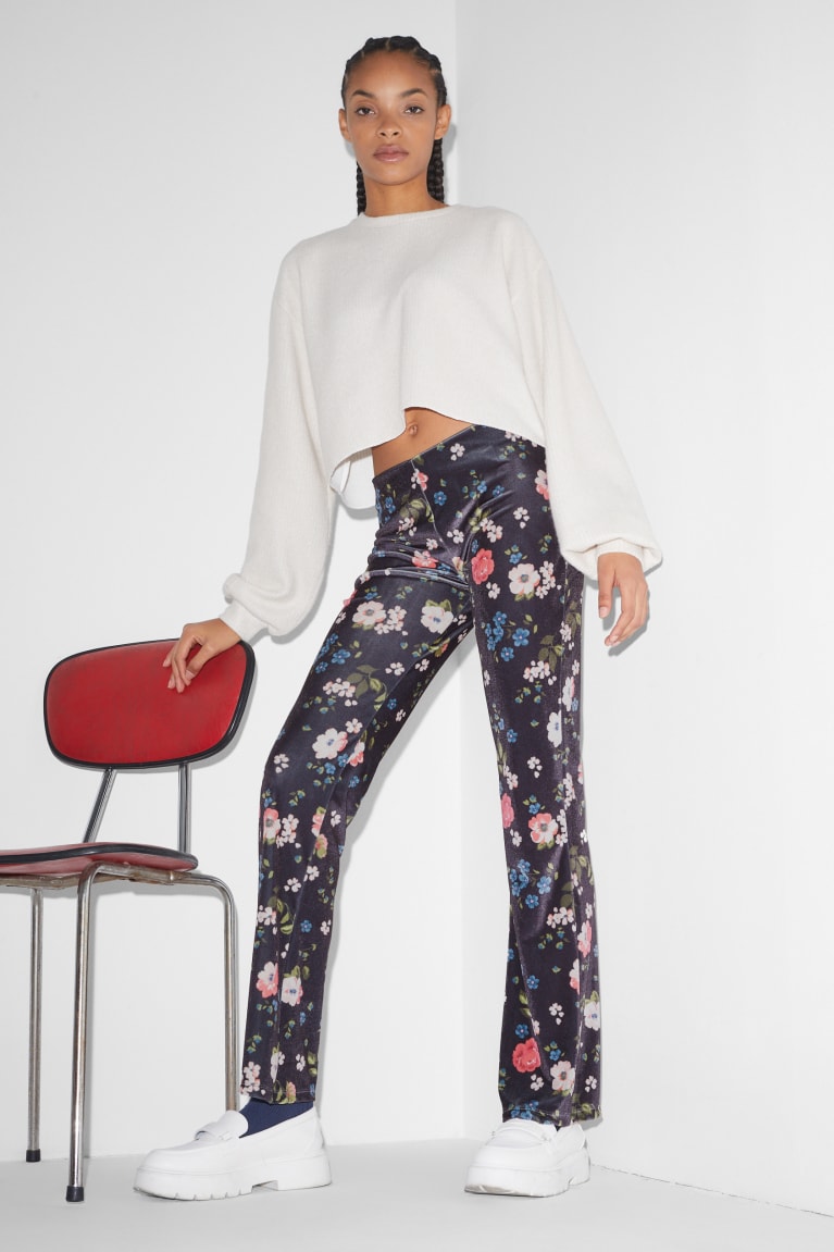  Bleu Foncé Pantalons C&A Clockhouse Velvet Leggings Floral - france MGH-7821413