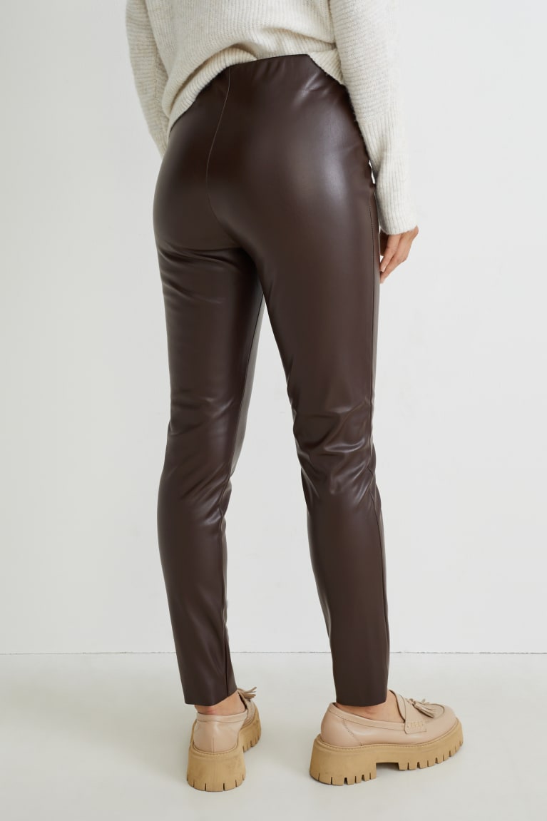  Marron Foncé Pantalons C&A High Taille Mince Fit Faux Cuir - france LLW-7152862