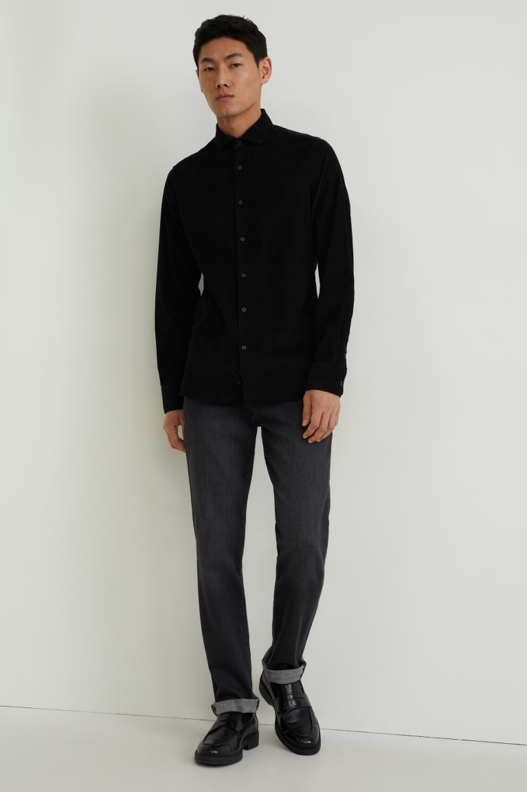  Noir Chemises C&A Corduroy Slim Fit Cutaway Collar - france MOT-0852976