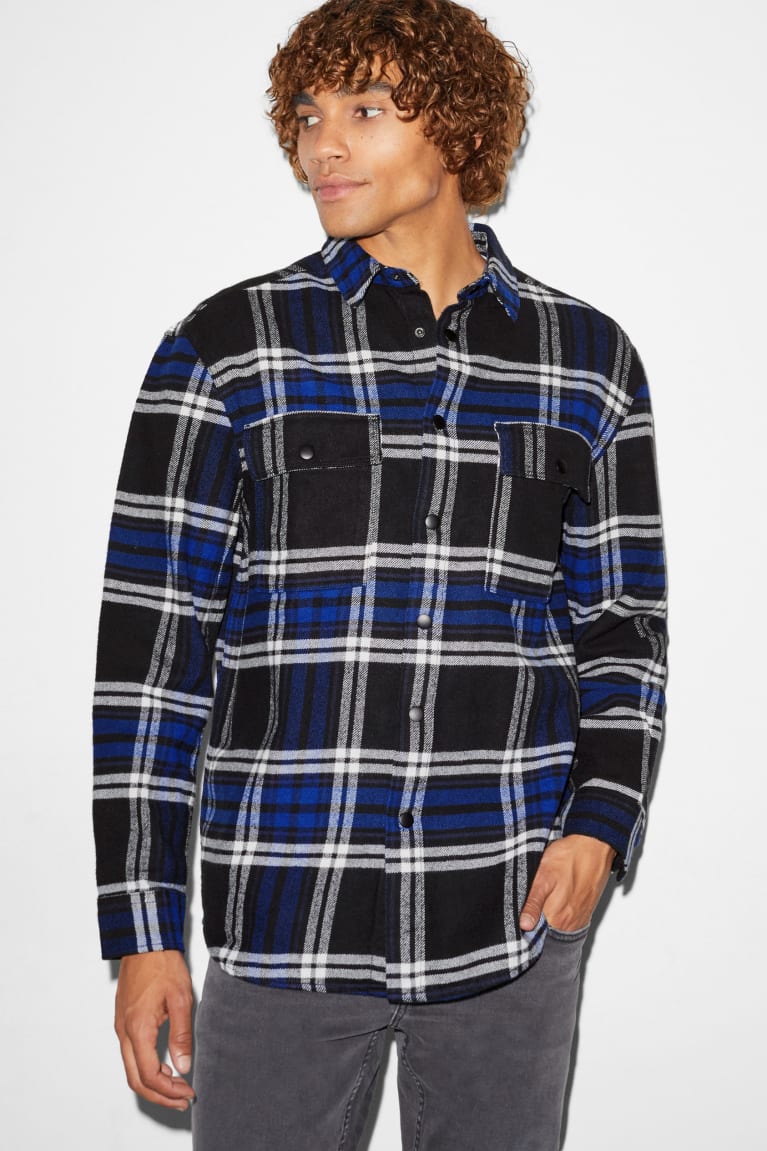  Bleu Noir Chemises C&A Clockhouse Flannel Relaxed Fit Kent Collar Check - france KHC-0970320