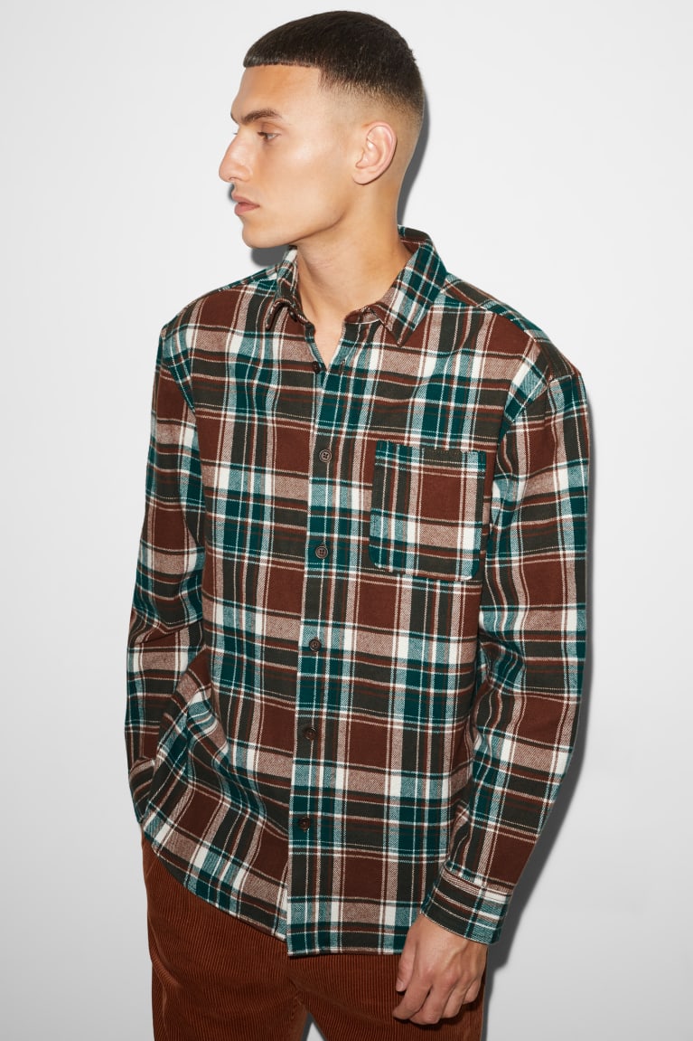  Marron Vert Foncé Chemises C&A Clockhouse Flannel Relaxed Fit Kent Collar Check - france KQP-1549811