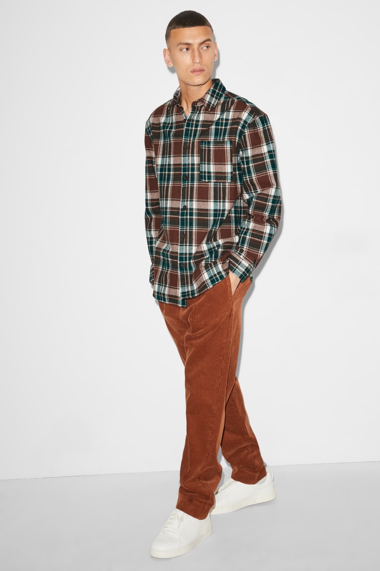  Marron Vert Foncé Chemises C&A Clockhouse Flannel Relaxed Fit Kent Collar Check - france KQP-1549811