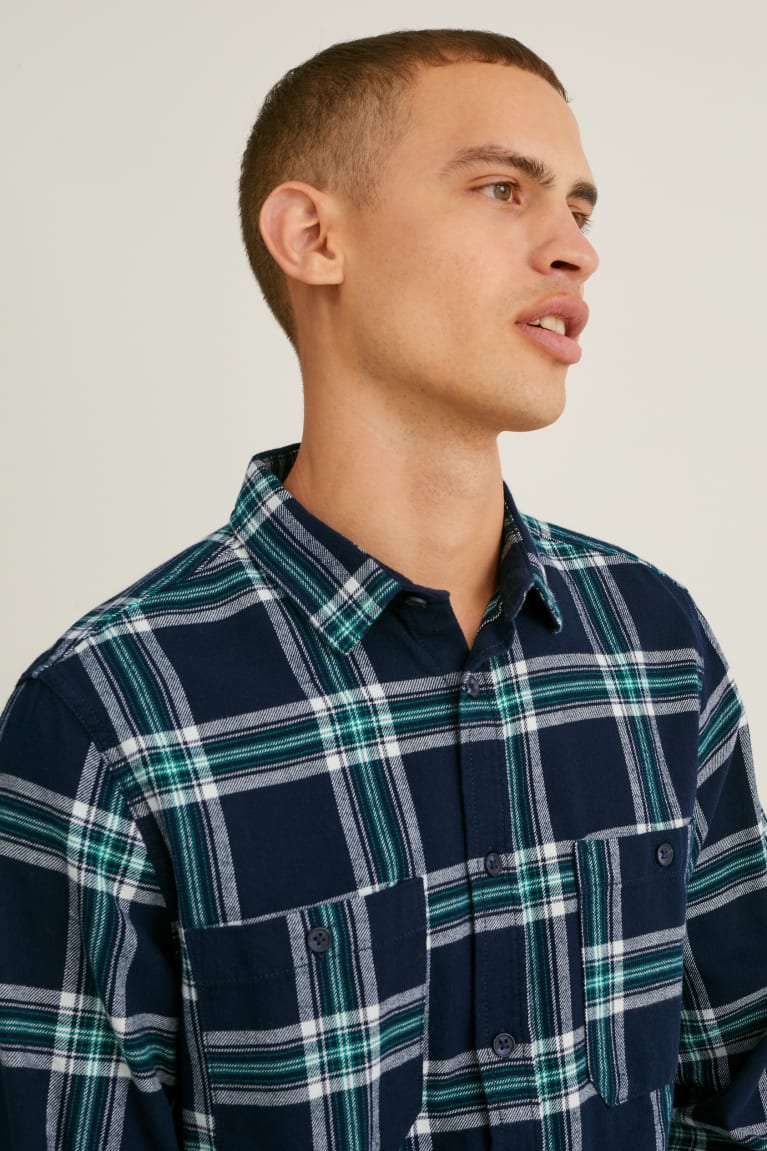  Bleu Foncé Grise Chemises C&A Flannel Regular Fit Kent Collar Check - france DHK-2025589