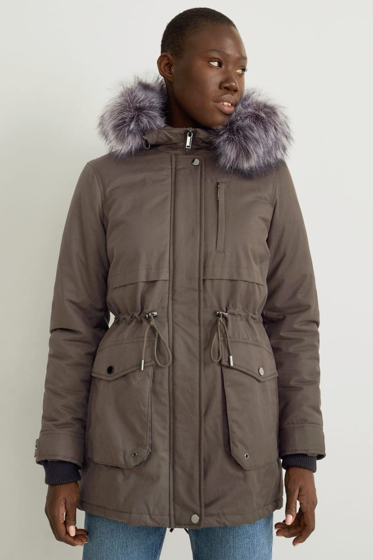  Vert Foncé Manteaux C&A Parka With Hood And Faux Fur Trim D'hiver - france WQE-7619271