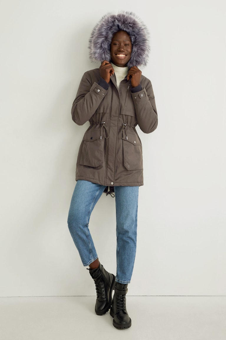  Vert Foncé Manteaux C&A Parka With Hood And Faux Fur Trim D'hiver - france WQE-7619271