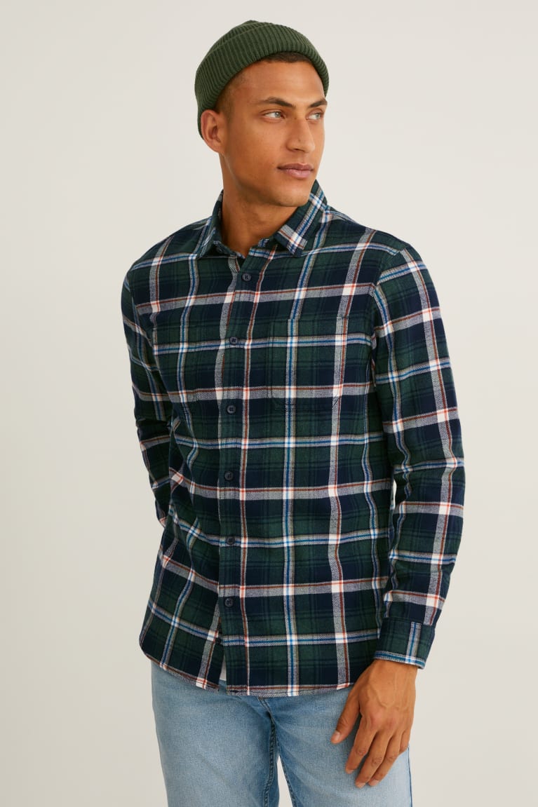  Vert Foncé Blanche Chemises C&A Flannel Regular Fit Kent Collar Check - france TUY-5575654