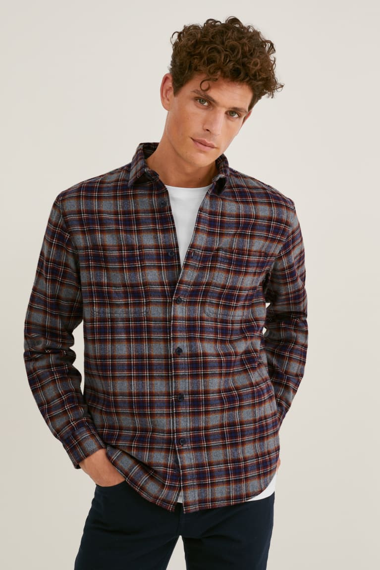  Grise Rouge Foncé Chemises C&A Flannel Regular Fit Kent Collar Check - france IEX-3071198