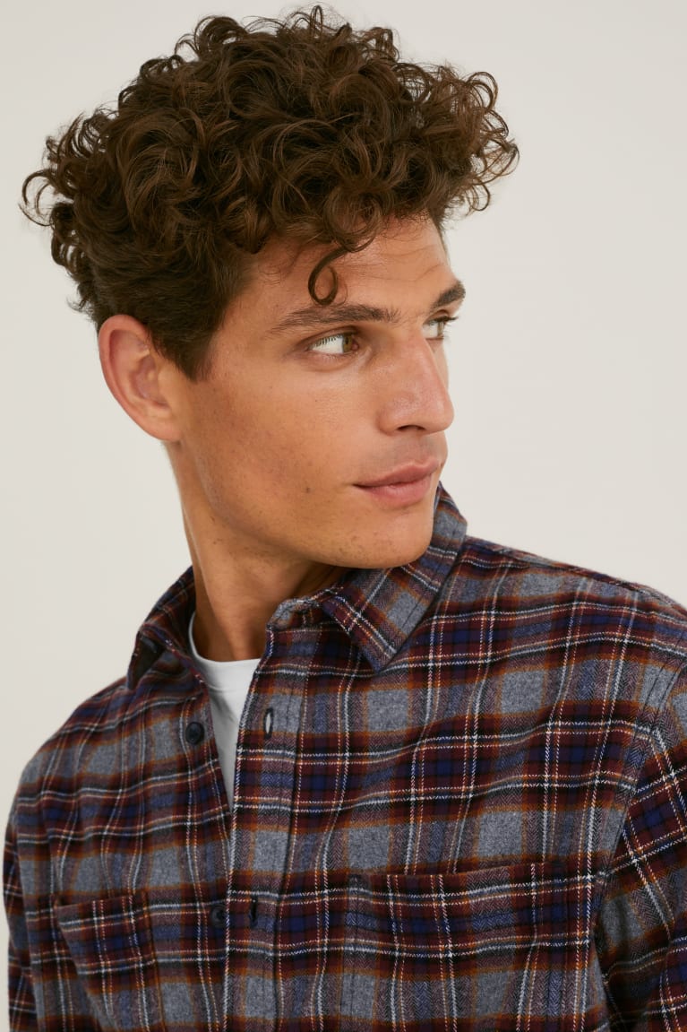  Grise Rouge Foncé Chemises C&A Flannel Regular Fit Kent Collar Check - france IEX-3071198