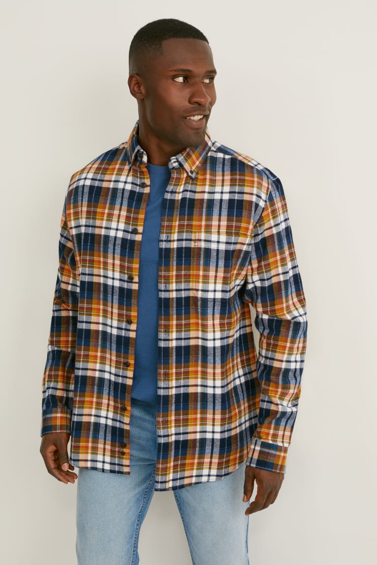  Orange Chemises C&A Flannel Regular Fit Button-down Collar Check - france UIL-0509808