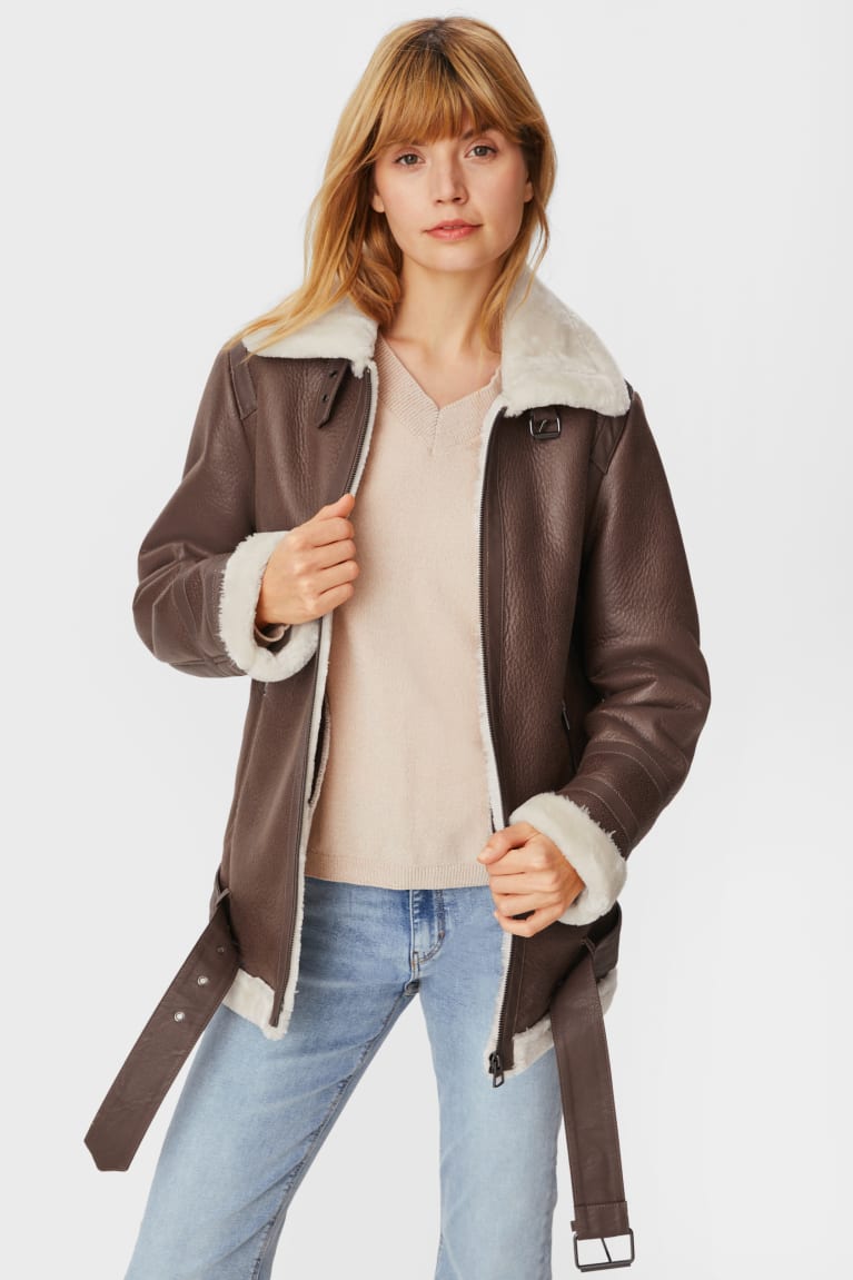  Marron Foncé Vestes C&A Vélo With Faux Fur Trim Doublée Faux Cuir - france DDW-2270284