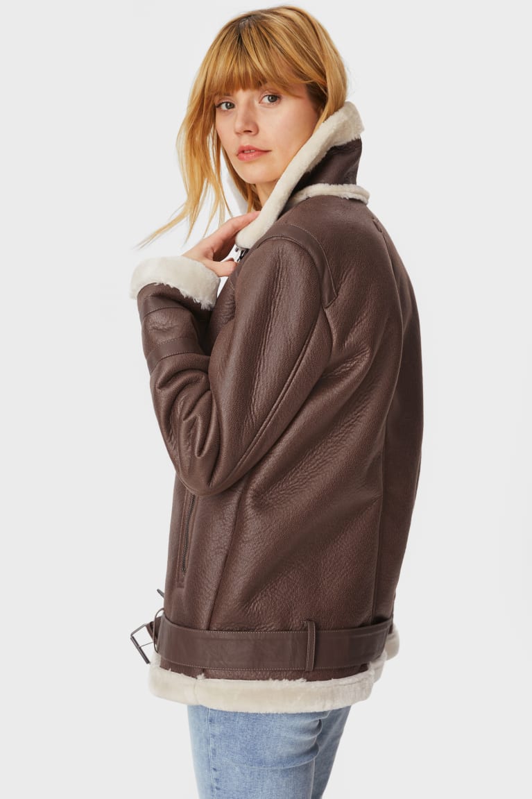  Marron Foncé Vestes C&A Vélo With Faux Fur Trim Doublée Faux Cuir - france DDW-2270284