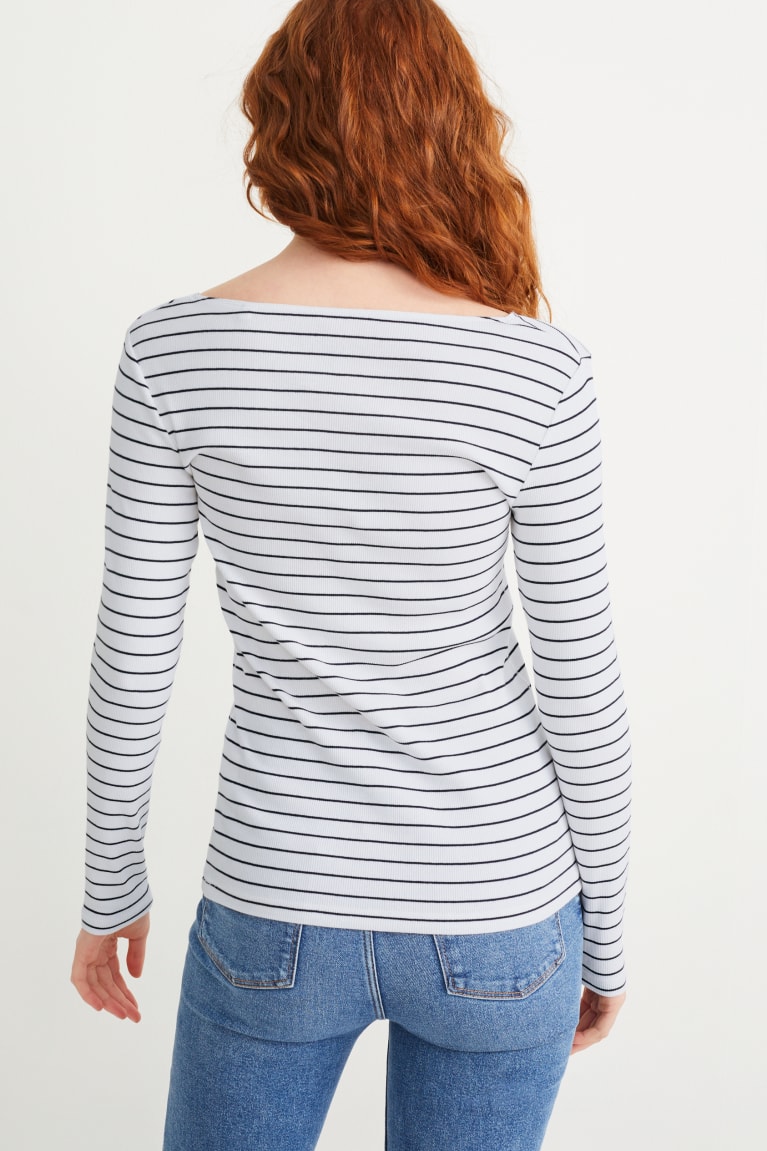  Blanche Bleu Hauts C&A Basic Long Sleeve Rayé - france POR-3837542